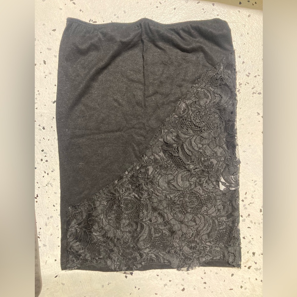 Musier Black Knit Midi Skirt w Sheer Lace Detail